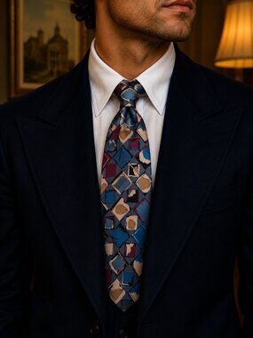 Vintage Vanzon 100% Silk Wide Tie Blue Burgundy Geometric NOS